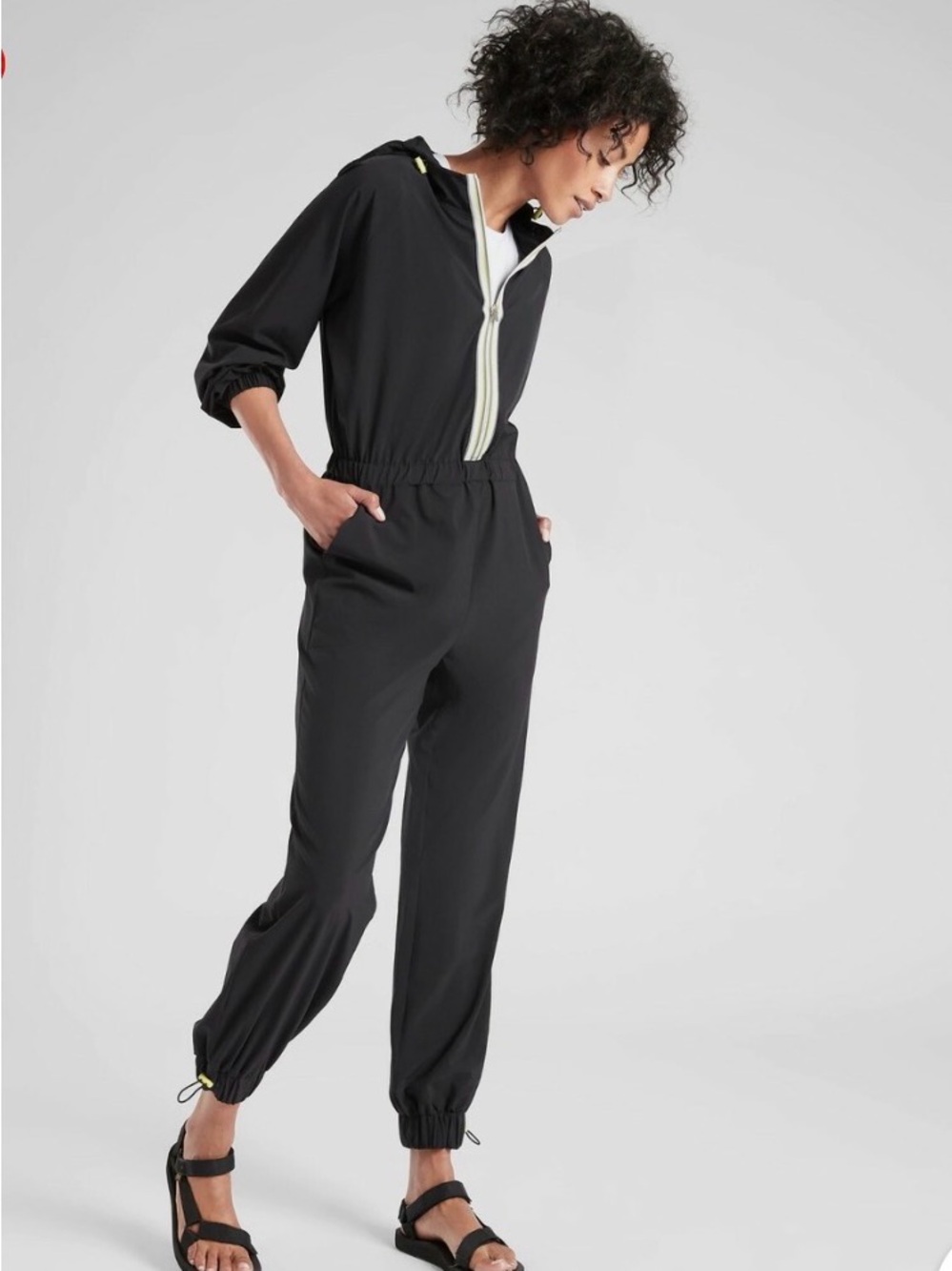 Athleta Black Hooded Zip-Front Jumpsuit with Cream Trim